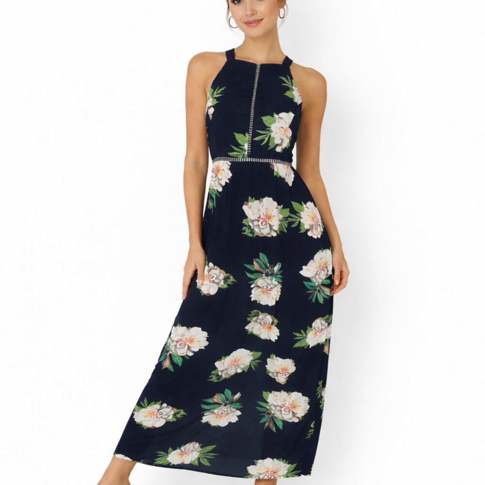 Zesica Navy Floral Halter Maxi Dress Boho Summer Resortwear Feminine Vacation